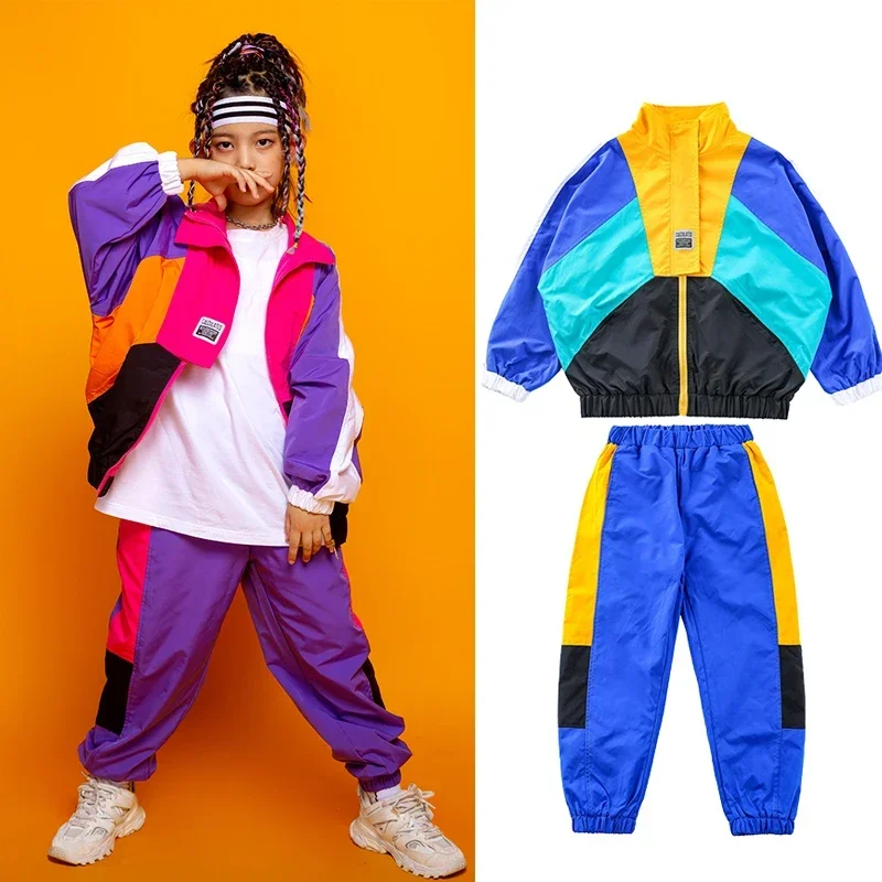 지퍼 재킷 루즈 팬츠 캐주얼 힙합 세트, 소녀 스트리트웨어, 소년 재즈 공연 의상, 어린이 힙합 의류