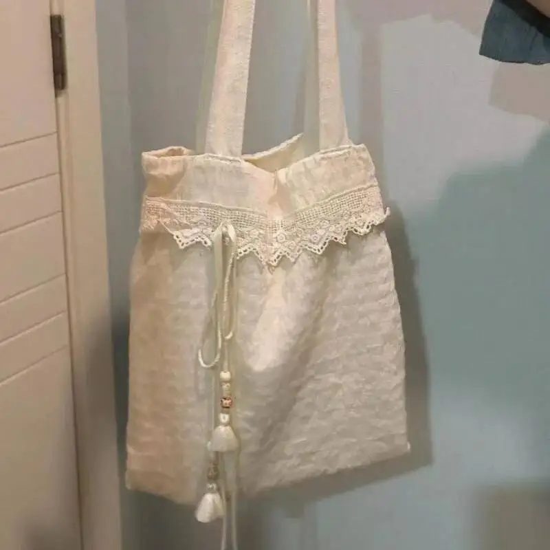 Bloom Haruku Beige Canvas Shoulder Bags Women Vintage Lace Large Capcity Tote Bag Purse Female Versatile Casual Handbag Y2k