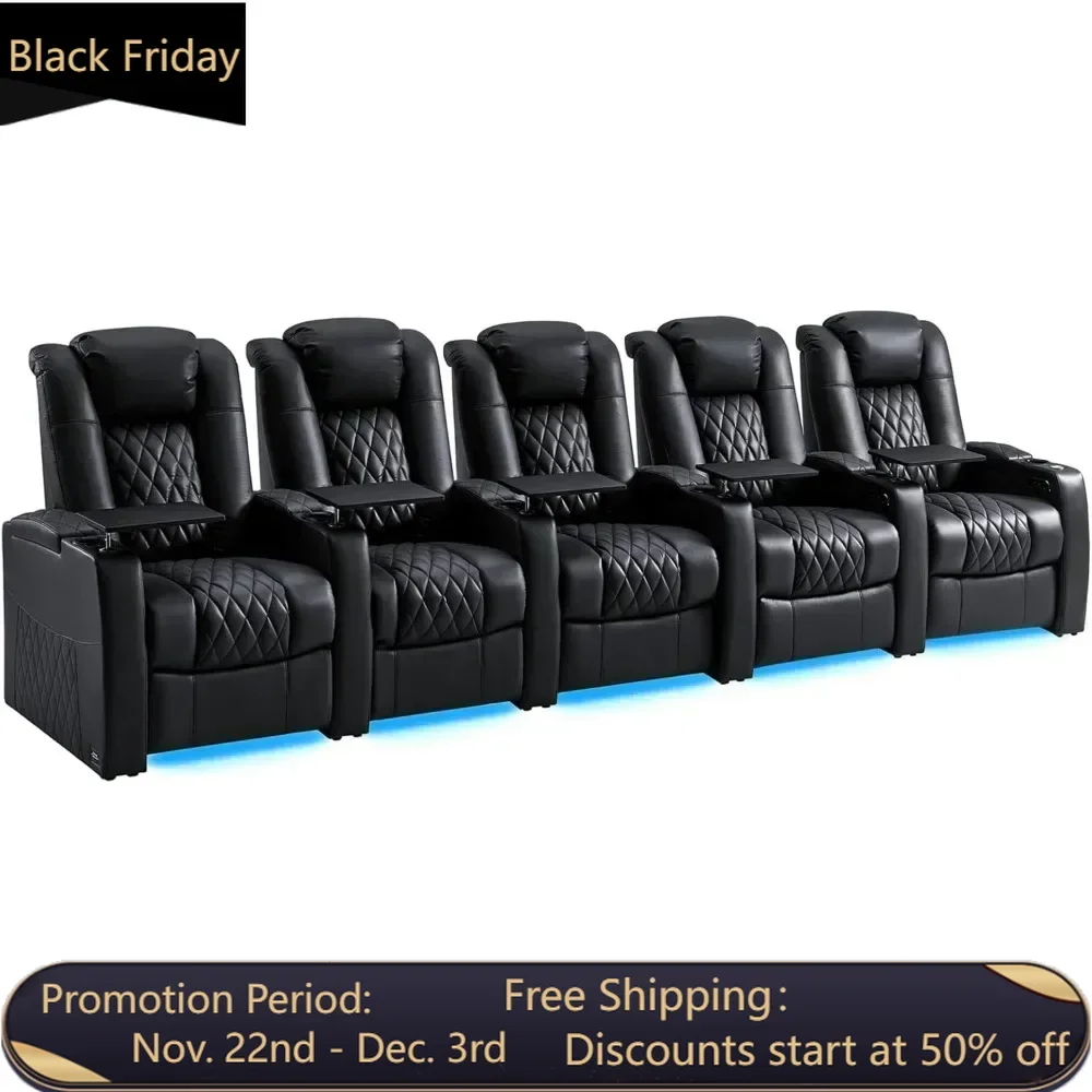 Reclining Sofas, Top Grain Nappa Leather Recliner Chairs Dual Power Electric Headrest with Tray Table Type-C USB, Movie Sofa