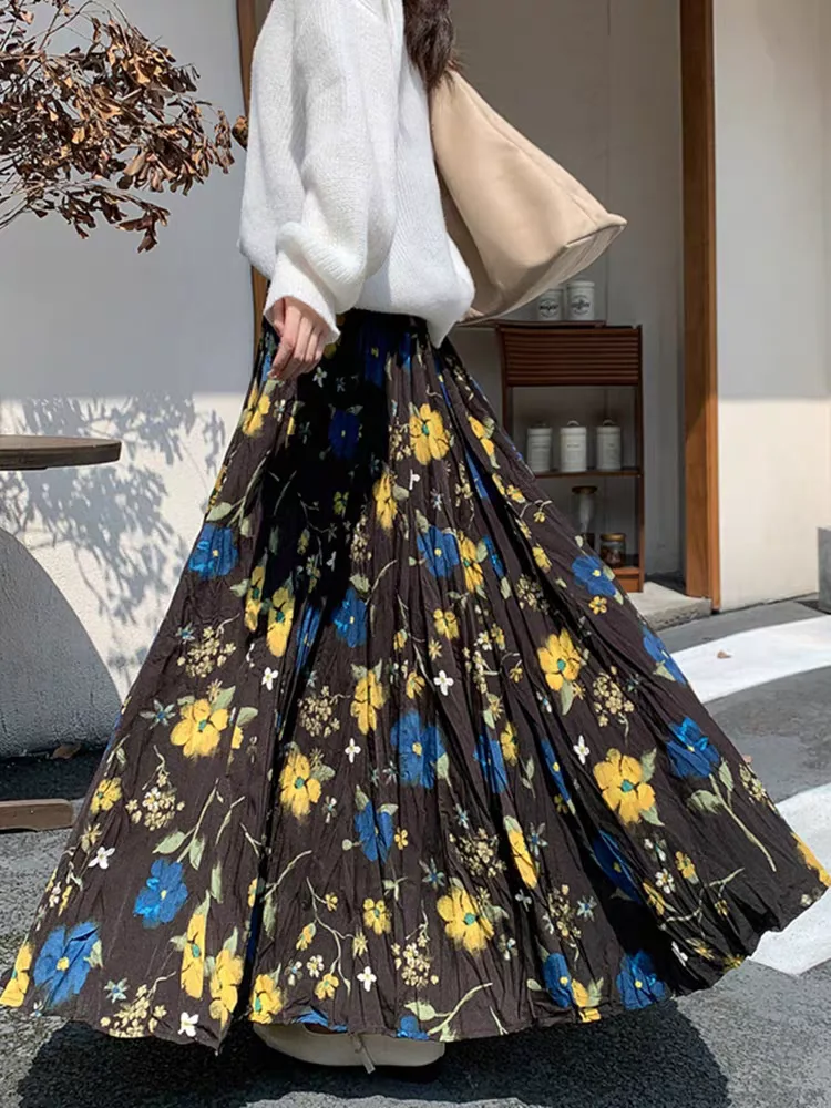 Women's Floral Print Pleated Maxi Skirts 2025 Autumn New Collection Loose Fit A-Line Skirt with Flared Hem & Large Swing