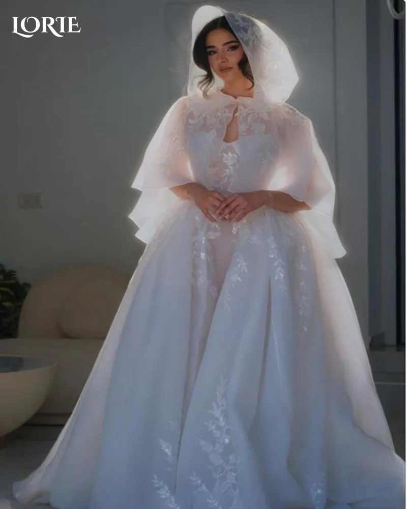 LORIE Shawl Lace Wedding Dress High Collar Long Sleeve Pleats A-line Appliques Mermaid Bride Gown Customized Corset Bride Dress