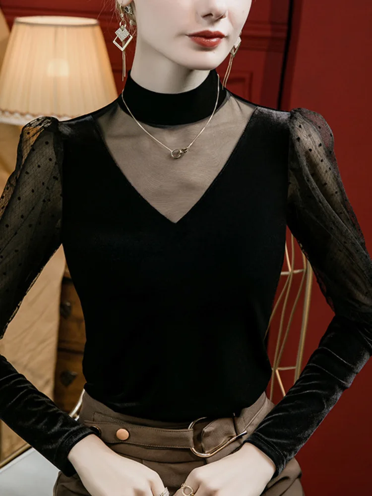 클래식 무용 공연 및 무대 연습복, 라틴 댄스 라인 탑용 메쉬 패치워크 하이넥 퍼프 소매 슬림핏 탑