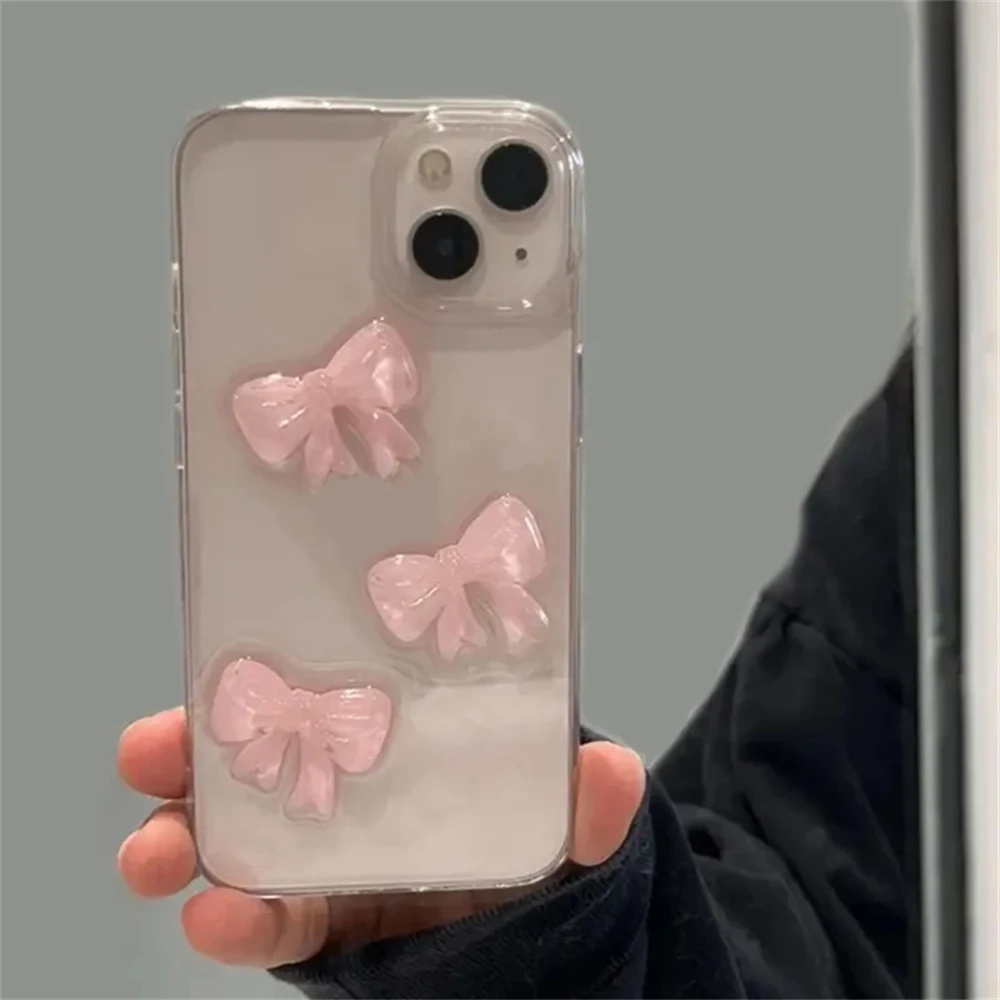 Cute 3D Pink Bowknot Clear Case For iPhone 16 14 12 11 Pro Max 12 MiNi 15 Plus XSX XR 7 8 SE2 Japan Korean Girl Epoxy Soft Case