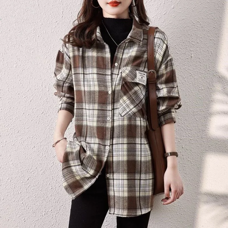 Spring Autumn Leisure Grinding Grid Shirt Women Top Korean Fashion Shirts Ladies Jacket Long Sleeves Cardigan Blouse Female Coat