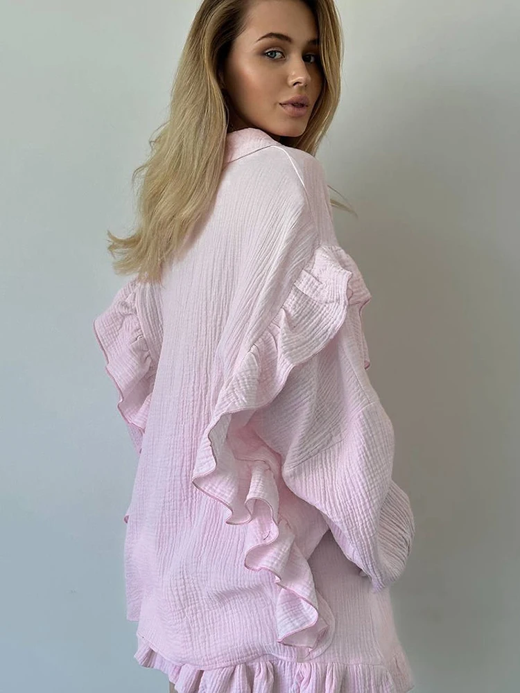 HiLoc Pink Ruffled Women Shorts Pajamas Sets Two Pieces Oversize Shirts And Wide Legs Shorts Autumn Winter 2024 Homewear Outfits