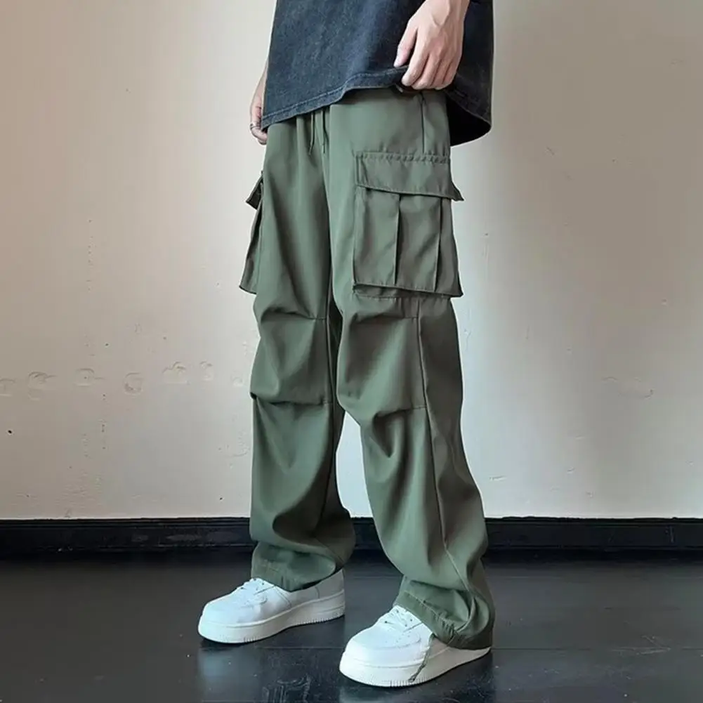 Ergonomic Design Trousers Men's Cargo Pants Mid-rise Drawstring Trousers Multi-pocket Outdoor Leisure Wear Wide Leg Camping