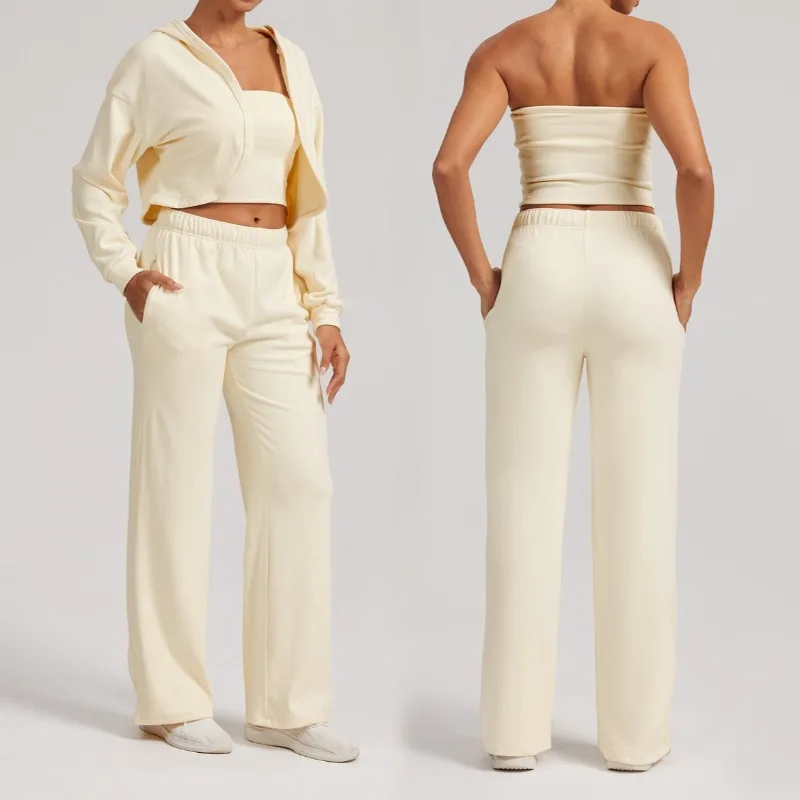 

Women Thermal Yoga Set Hooded Sports Sweatshirt Leggings Adjustable Shoulder Strap Bra Outdoor Running Wear Loose Tracksuit