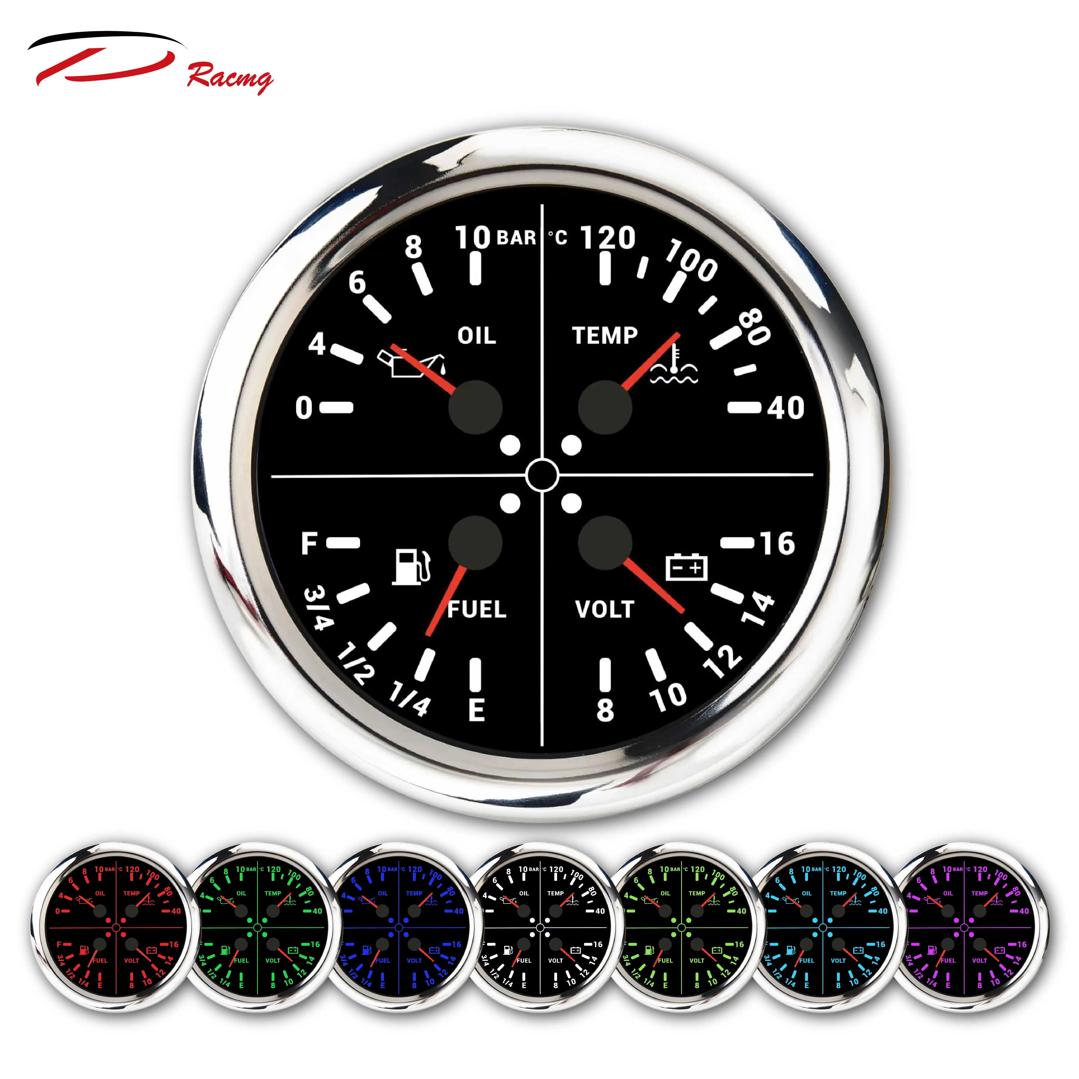 

110mm 7-Color 12V LED Car Marine Boat Gauge Electrical Oil Pressure Water Temp Fuel Level Volt Gauge 4in1 Warning Black New