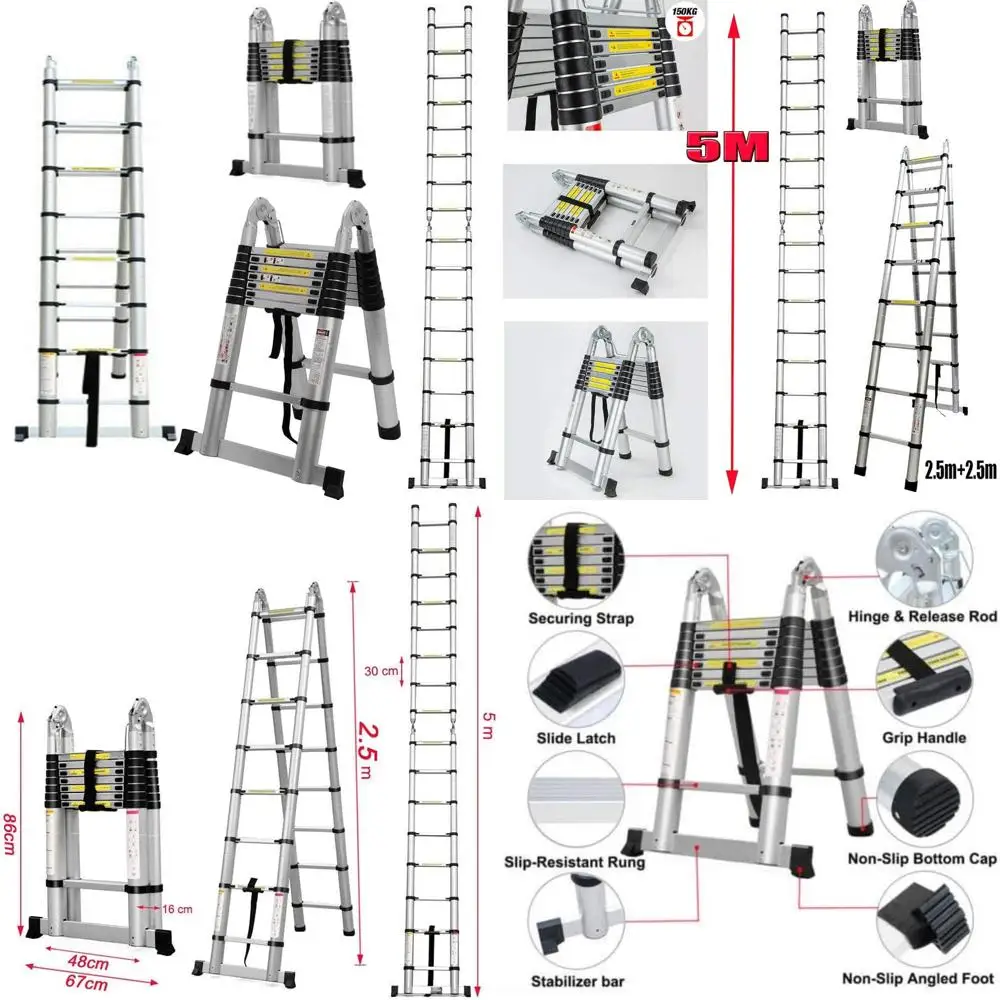 Scala telescopica in alluminio con telaio ad A con stabilizzatore, 16,5 piedi, piedini in gomma, supporta fino a 330 libbre, scala di estensione per carichi pesanti