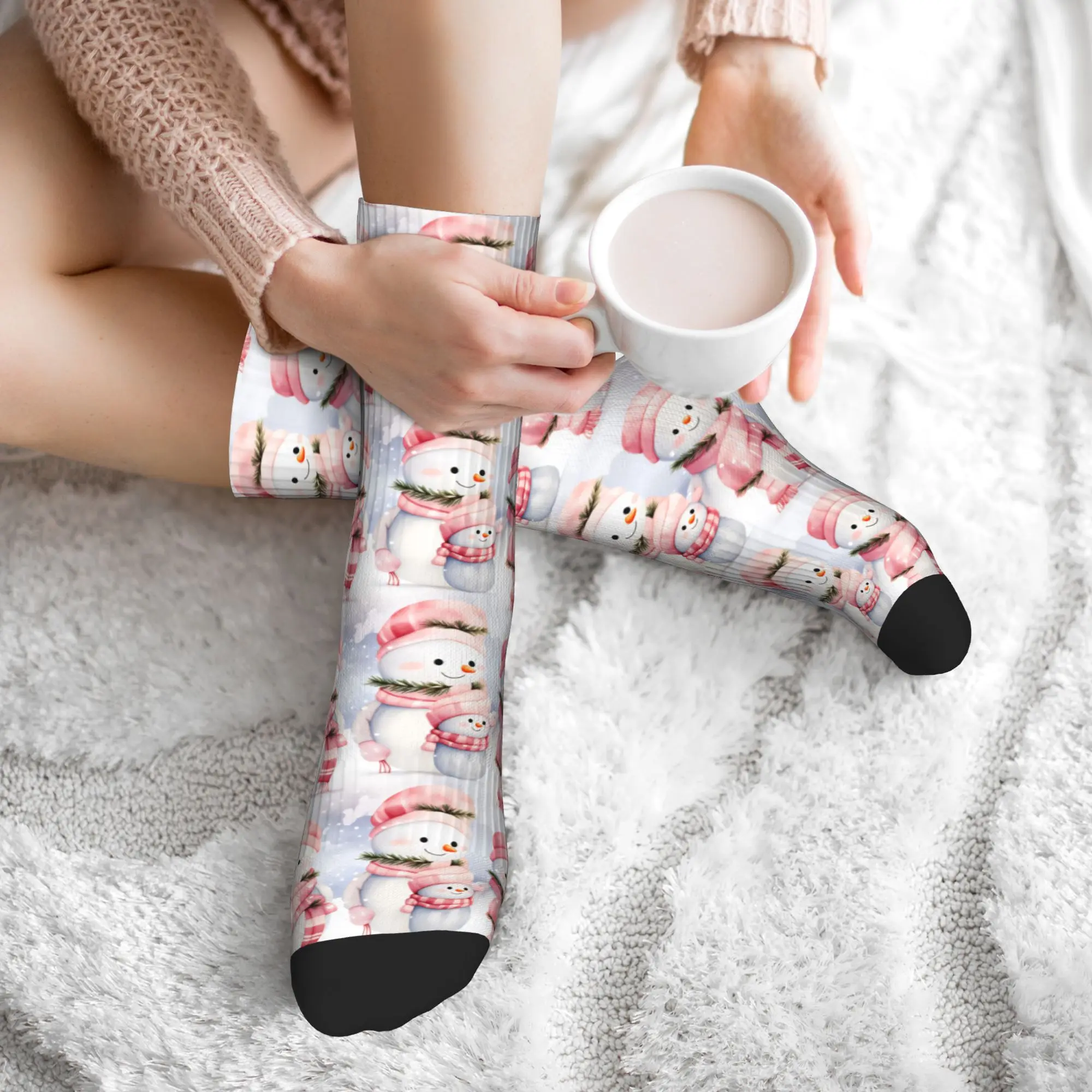 Cool Pink Snowman Christmas Pattern Socks Men Women Warm 3D Print  Sports Basketball Socks view 6