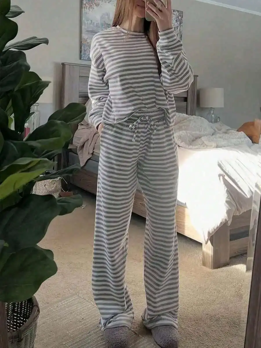 Womens Striped Long Sleeve Pajama Set Loose Fit Sleepwear Top And Pants