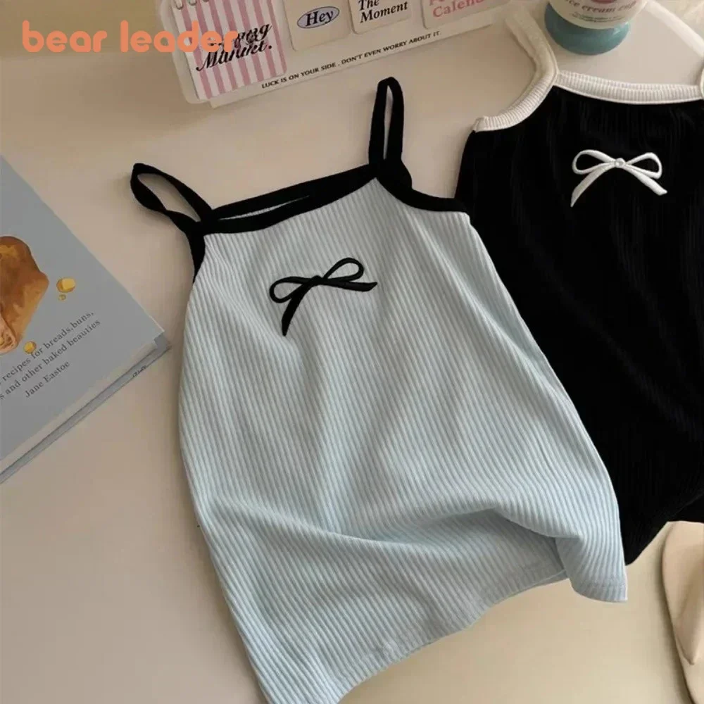 Bear Leader 3-7 Year Old Cute Baby Girl Dresses Summer Fashion Bow Print Sleeveless Suspender Dress Daily Children's Casual Wear