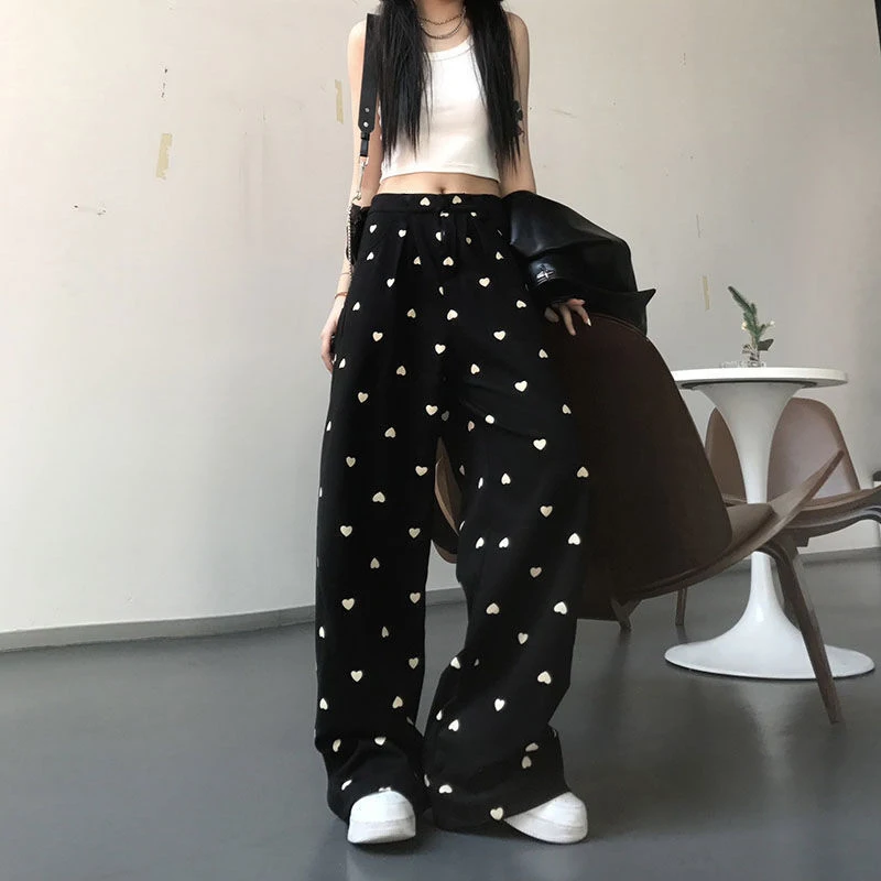 Fashionable Casual Elastic High-Waisted Black Love Wide-Leg Pants For Home And Outdoor Wear