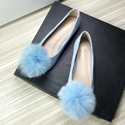 Women Flats Furry Ball Sweet Flat Shoes for Women Spring Summer Casual Shoes Slip on Loafers Scoop Shoes Soft Sole Comfortable