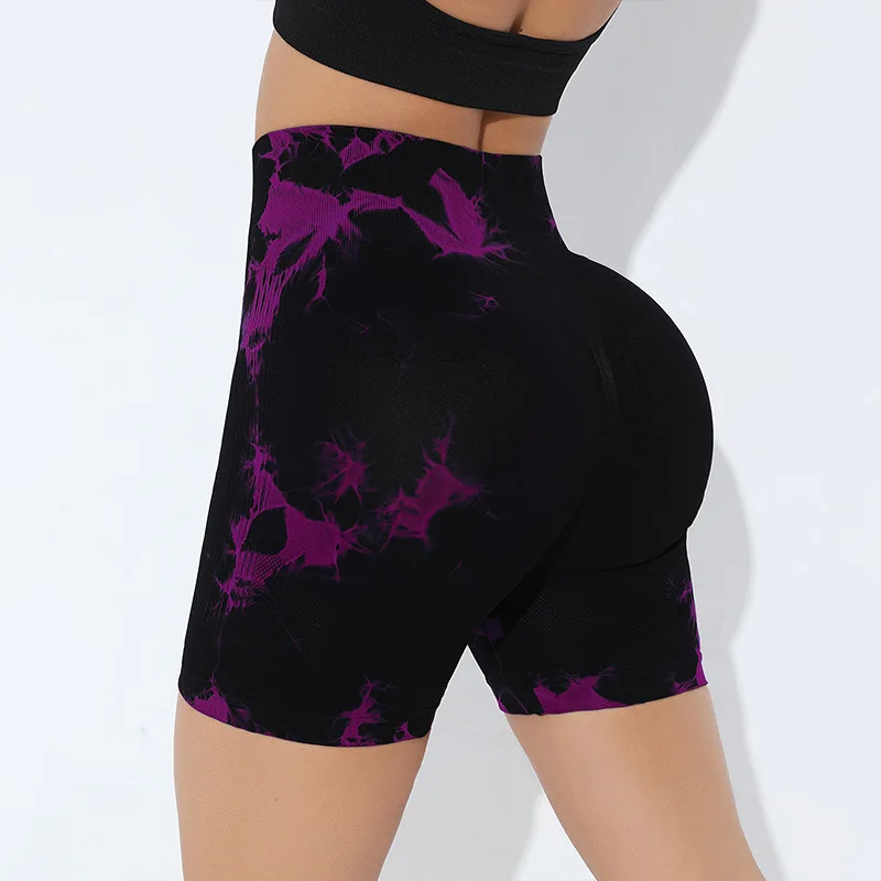 Pantaloncini sportivi da donna Tie Dye Leggings in maglia a vita alta Allenamento da corsa Pantaloncini fitness yoga sexy ad alta elasticità senza