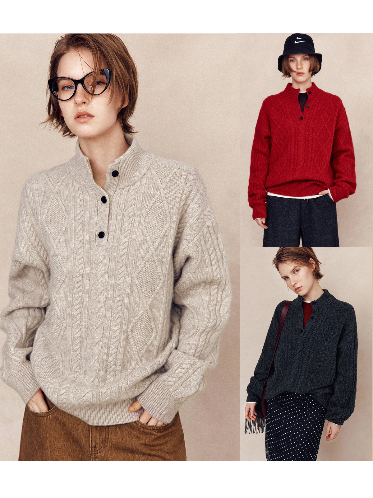 

Винтажный вязаный шерстяной свитер с высоким воротником, на пуговицах, женский, с длинными рукавами, мягкий, теплый, повседневный, из флисовой пряжи