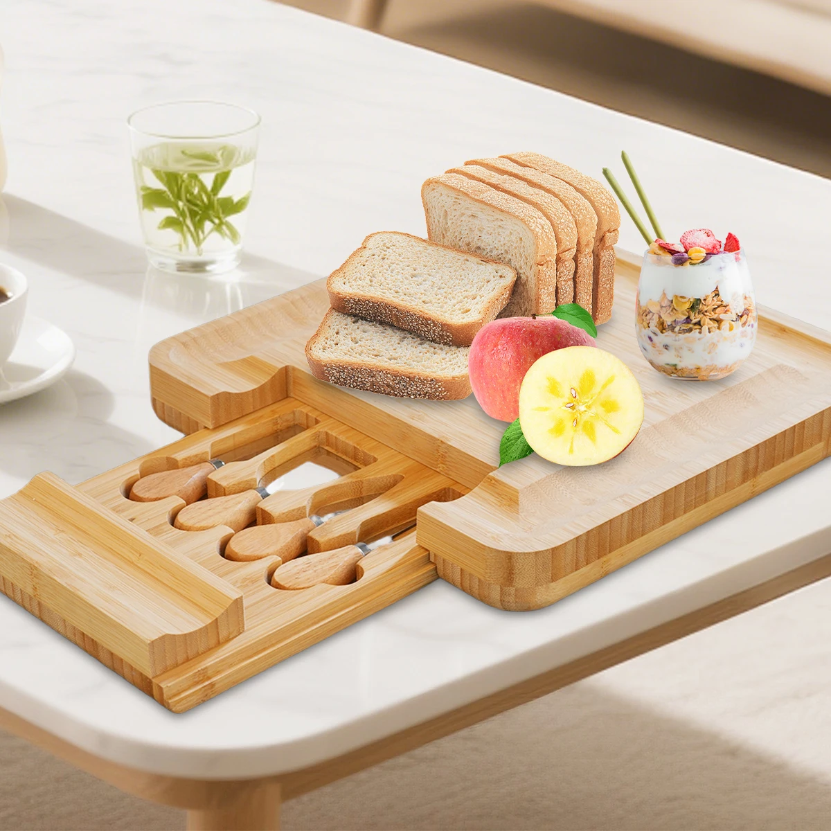 

Expandable Bamboo Cheese Board Set with Slide-Out Drawers - Charcuterie Platter, Cheese Knives & Serving Tray - Perfect Gift