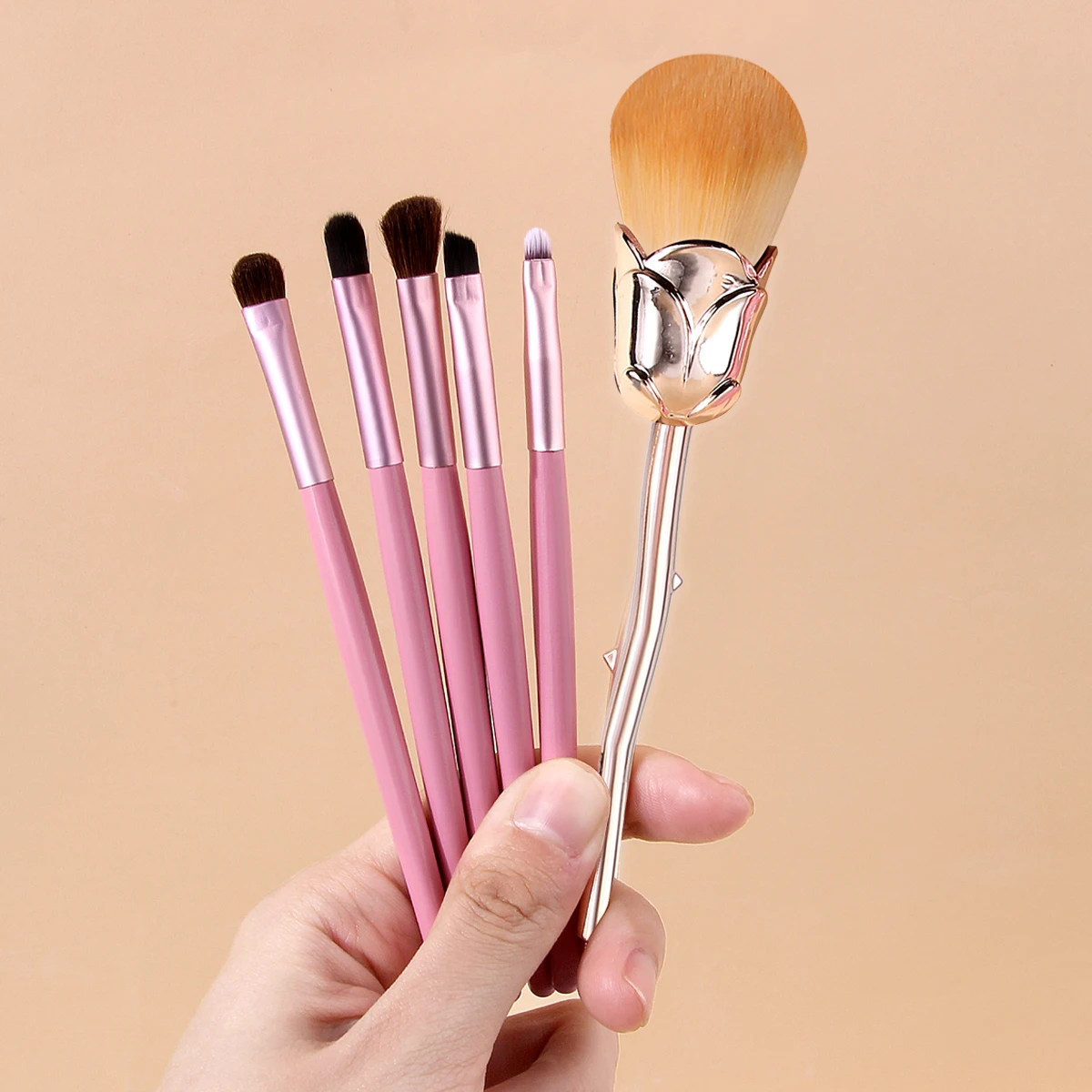 8-teiliges roséförmiges loses Puderpinsel- und multifunktionales Augen-Make-up-Pinsel-Set sowie Augenbrauenformmesser und tragbarer Aufbewahrungseimer