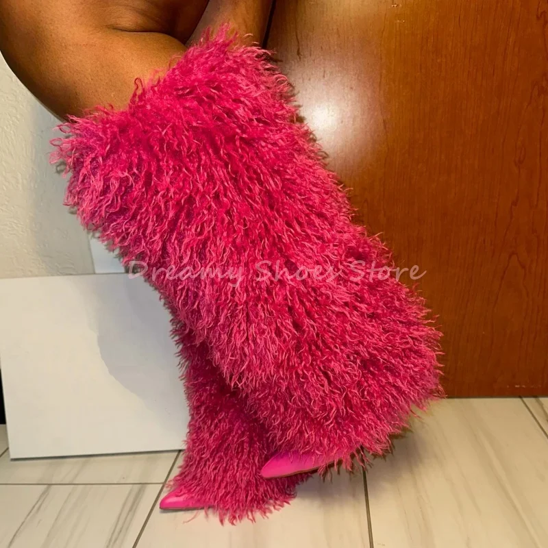 

Pink Faux Fur Pointed Knee High Boots Women Red Fluffy Slip On Stiletto Boots Fashion Trendy Autumn Party Winter Ladies Footwear
