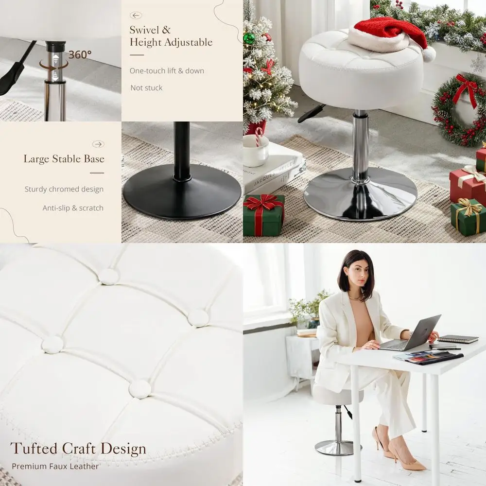 

Вращающийся туалетный столик на 360°. ° Поворотный табурет из белой кожзаменителя для зоны макияжа или жизни