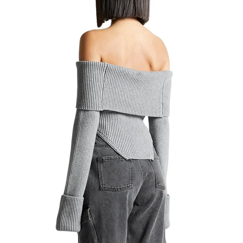 Ladies Ladies with All The Sweaters Spring New Chest Micro Design Side Waist Slit Long Sleeve One Line Collar Pullover Sweater