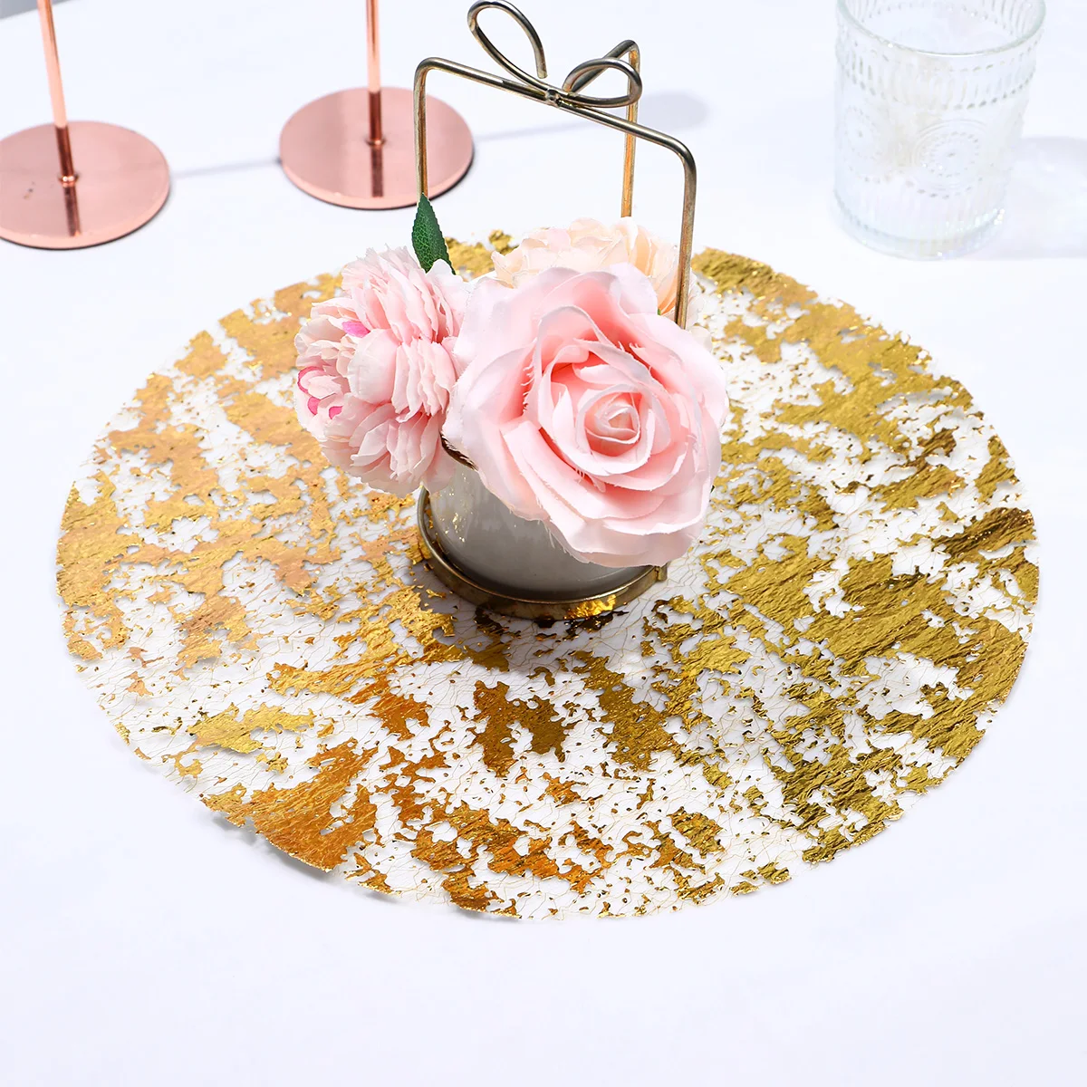 6pcs Round Gold Foil Dining Table Mat Table Placemat Tea Tableware Mats Pads Wedding Birthday Christmas Party Home Decoration