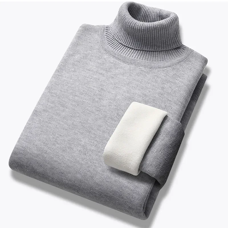 Winter Thick Fleece Turtleneck Sweater Solid Color Casual  Slim Long Sleeve Warm Knit Sweater Classic Shirt Pullovers