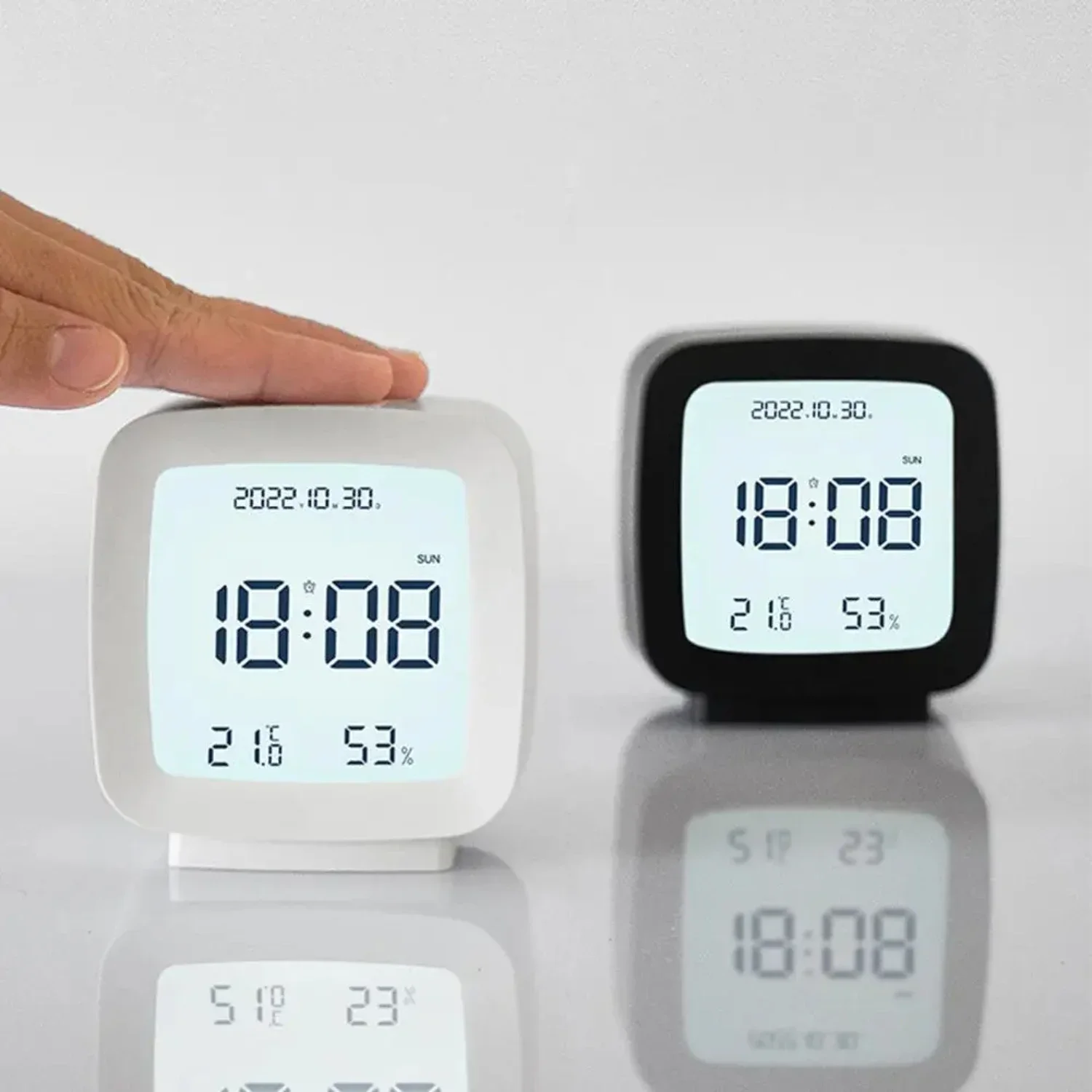 Modern Digital Alarm Clock with Time and Date Display, Electronic Temperature and Humidity Monitor for Bedroom and Office Decor,