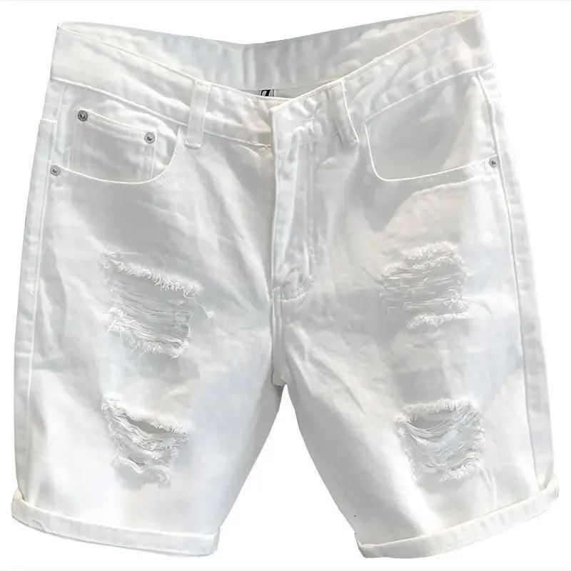 Summer 2024 luxury clothing men korean fashion Slim White Denim Casual Shorts with ripped Holes for Teenager Boys short pants