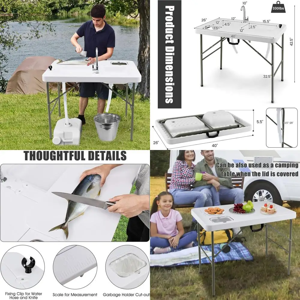 

Портативный уличный стол для пикника с 2 раковинами, 360 ° Поворотный кран и водопровод из нержавеющей стали для кемпинга и барбекю