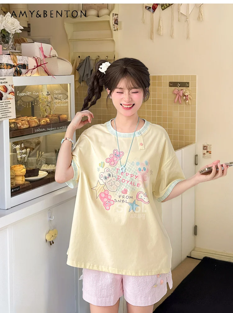 

2025 Summer New Women's Sweet Cute Bear Letter Print Loose Yellow Round Neck Short Sleeve Cotton Casual Daily T-Shirt