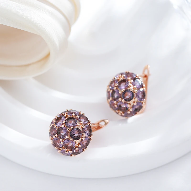 JULYDREAM Vintage Luxury Full Paved Purple Zircon Ball Drop Earrings 585 Gold Color Women Ethnic Geometric Jewelry Fashion Gifts