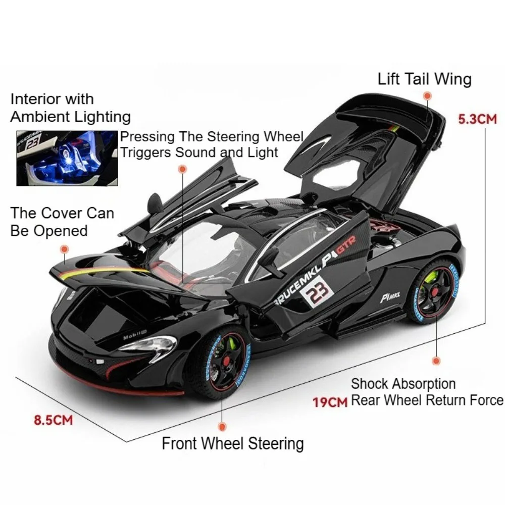 Coche deportivo de aleación fundida 1:24 P1 720S, modelo de juguete, sonido, luz, puertas extraíbles, coches en miniatura abiertos, adorno de moda para regalo de niño