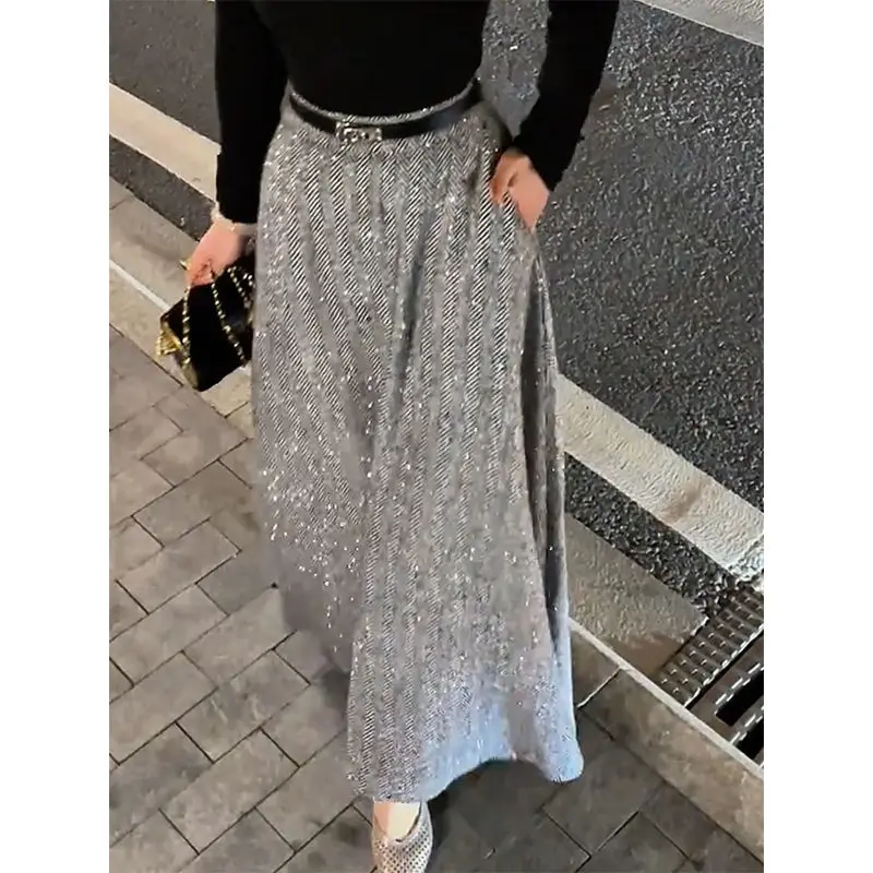 Women's Gray Herringbone Sequin Maxi Skirt, High Waist A-Line Flowy Long Skirt, Elegant Party Casual Bottom