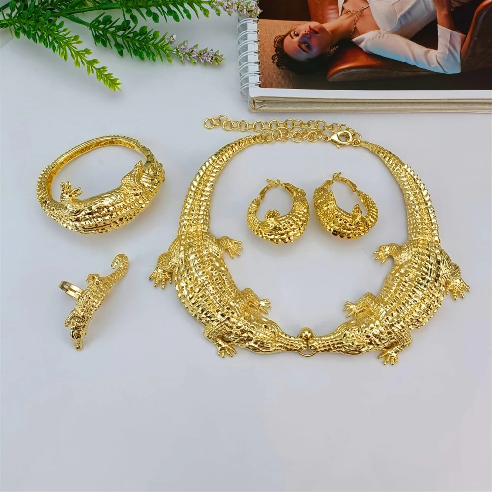 EMMA Crocodile Jewelry Set African Women Fashion Large Earrings Gold Plated Necklace Bracelet Wedding Bride Dubai Party Jewelry