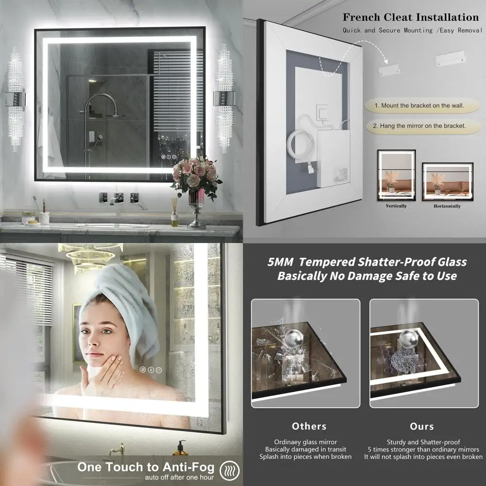 

36x32 Black LED-Illuminated Bathroom Mirror, Dimmable Frame Vanity Mirror with Front and Back Lights, Anti-Fog, Memory Function