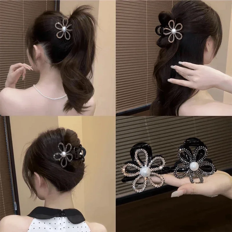 Light luxury flash diamond hollow flower grab clip woman's back head disc hair high ponytail headdress