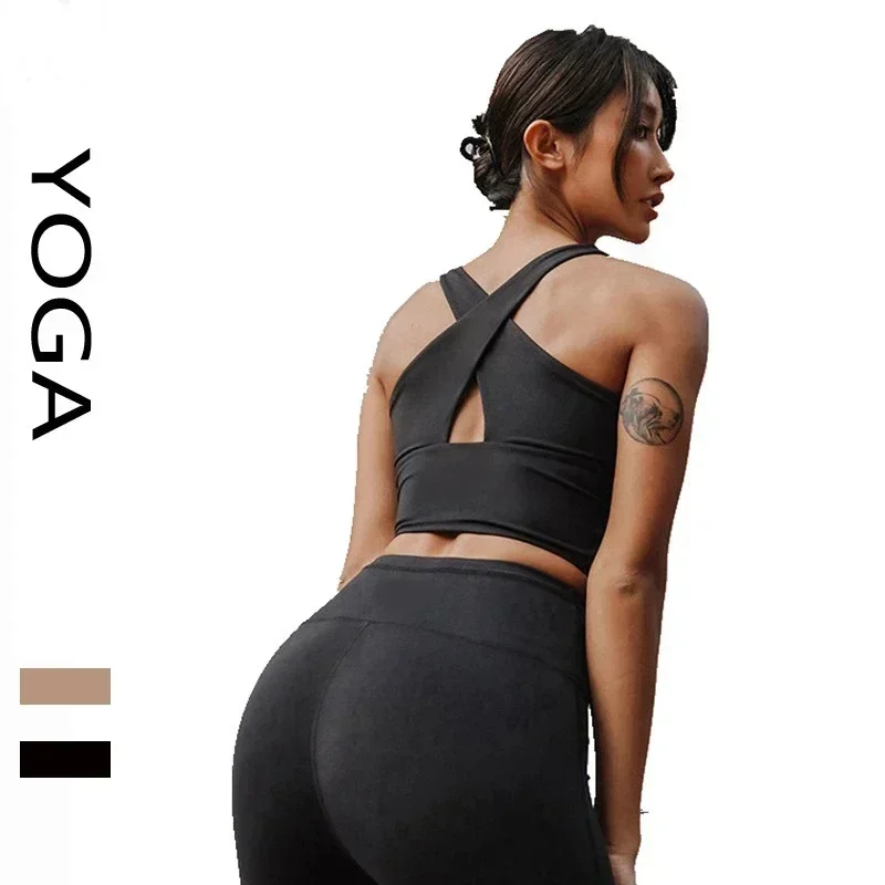 Yoga tanktop verzamelde schokbestendige bh met gekruiste hals en heuplift trainingsbroek Yoga fitnessset