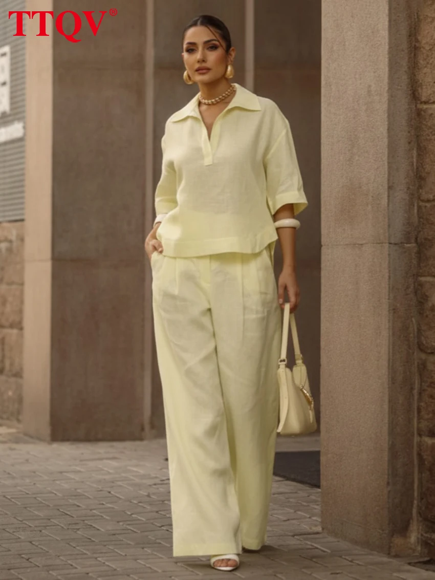 

TTQV Summer Loose Yellow Cotton Trousers Sets Woman 2 Pieces 2026 Elegant Half Sleeve Shirt With High Waist Pants Set Female
