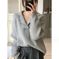 2023 New Women V-neck Long Sleeved Oversize Sweater Knitted Ribbed Loose Cashmere Sweater Winter Solid Pullovers Women Autumn