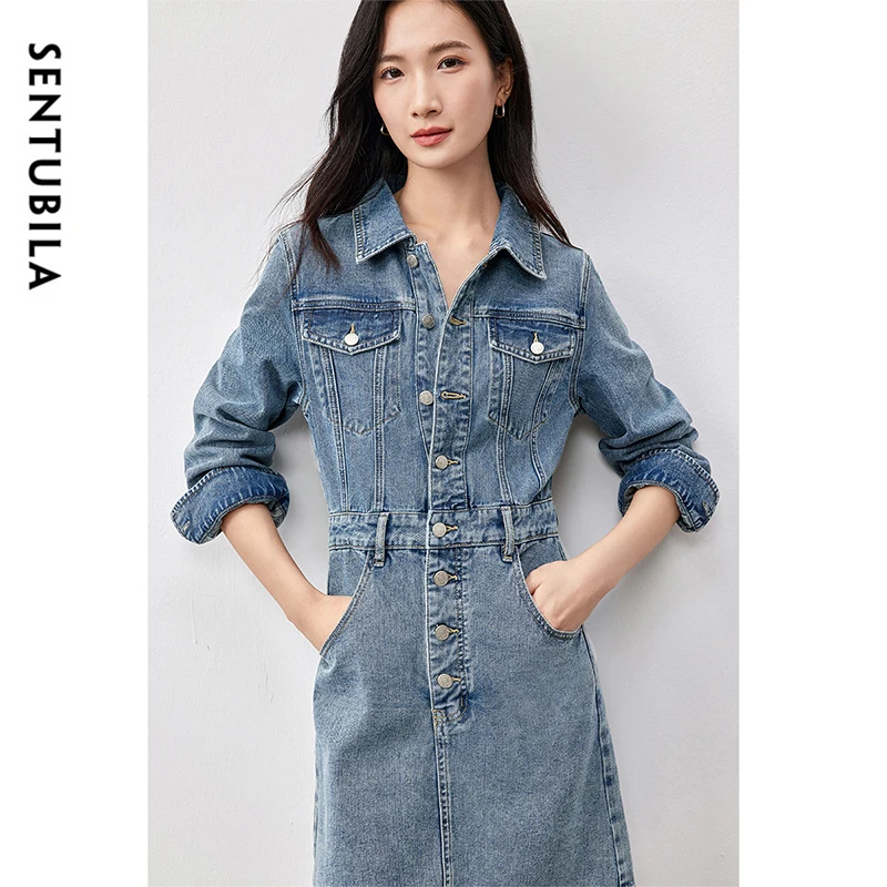 SENTUBILA 100% قطن فساتين من قماش الدنيم للنساء 2025 ربيع خريف خمر موضة غسلها الدنيم زر فستان قصير مع حزام W51L58769