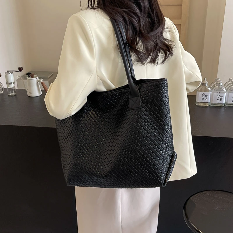 Women\'s Woven Pattern Tote Bag Elegant PU Leather Handbag Vintage Large Capacity Fashion Trending Japon Style  Shoulder Bags