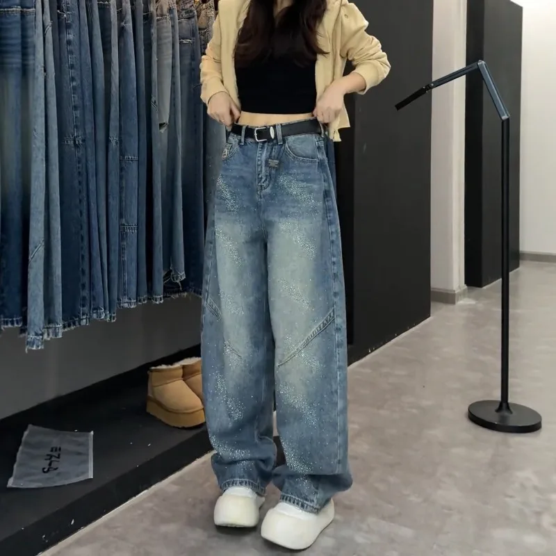 

woman clothes Women's 2026 new spring starry rhinestone curved blade jeans wide leg straight leg denim pants for plus size women