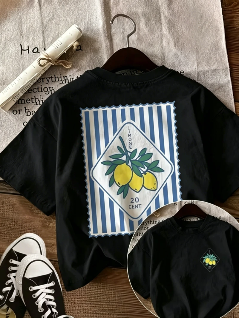 Limone Lemon Stamp Print T-Shirt, Front & Back Design, Casual Crew Neck Short Sleeve, Women's T-shirt Summer Everyday Tee