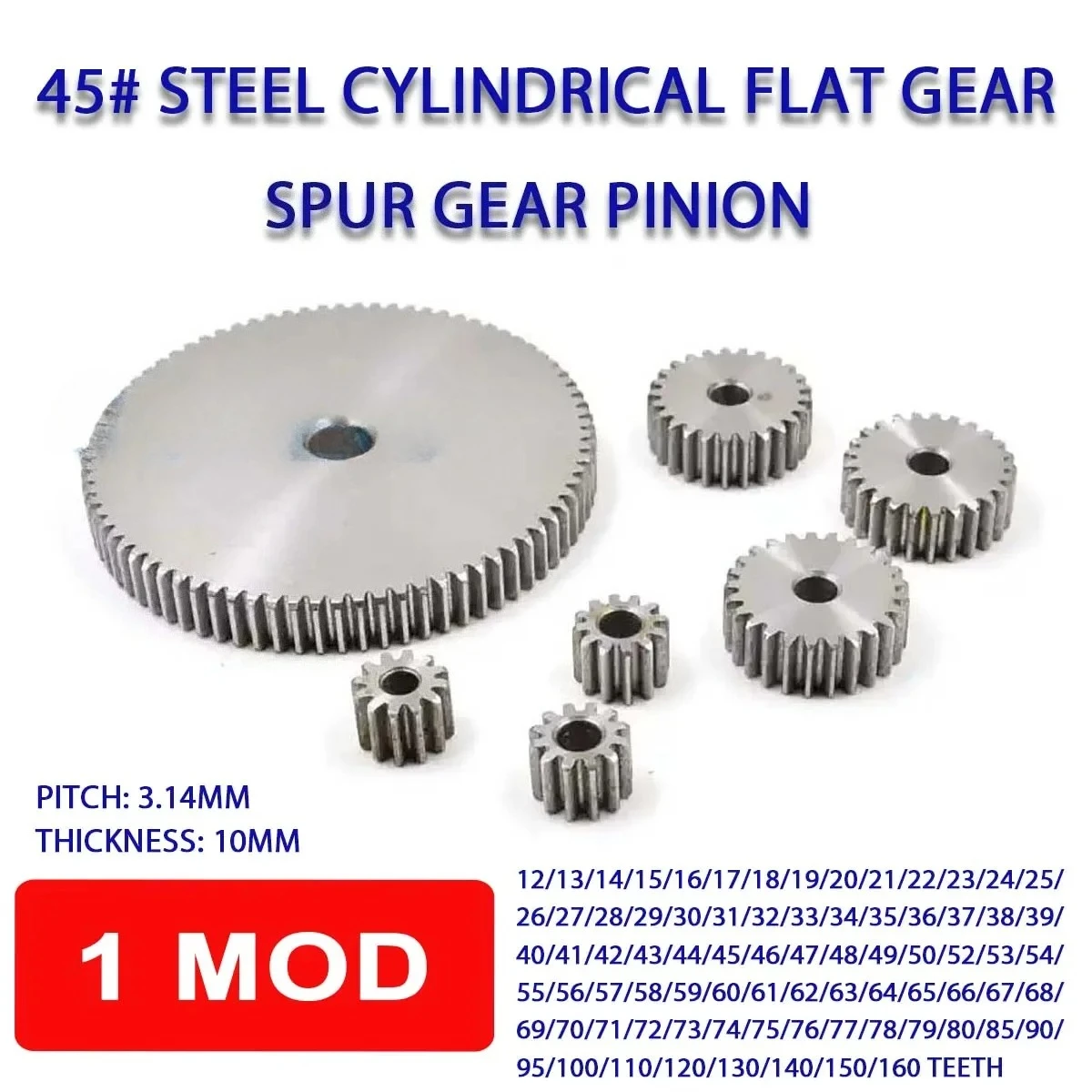 

1Pcs 1M 12T-160T Spur Gear Pinion 1 Mod Cylindrical Flat Gear 12/13/14/15/16/17/18/19/20/21/22/23/24/25/26~160 Teeth 45# Steel