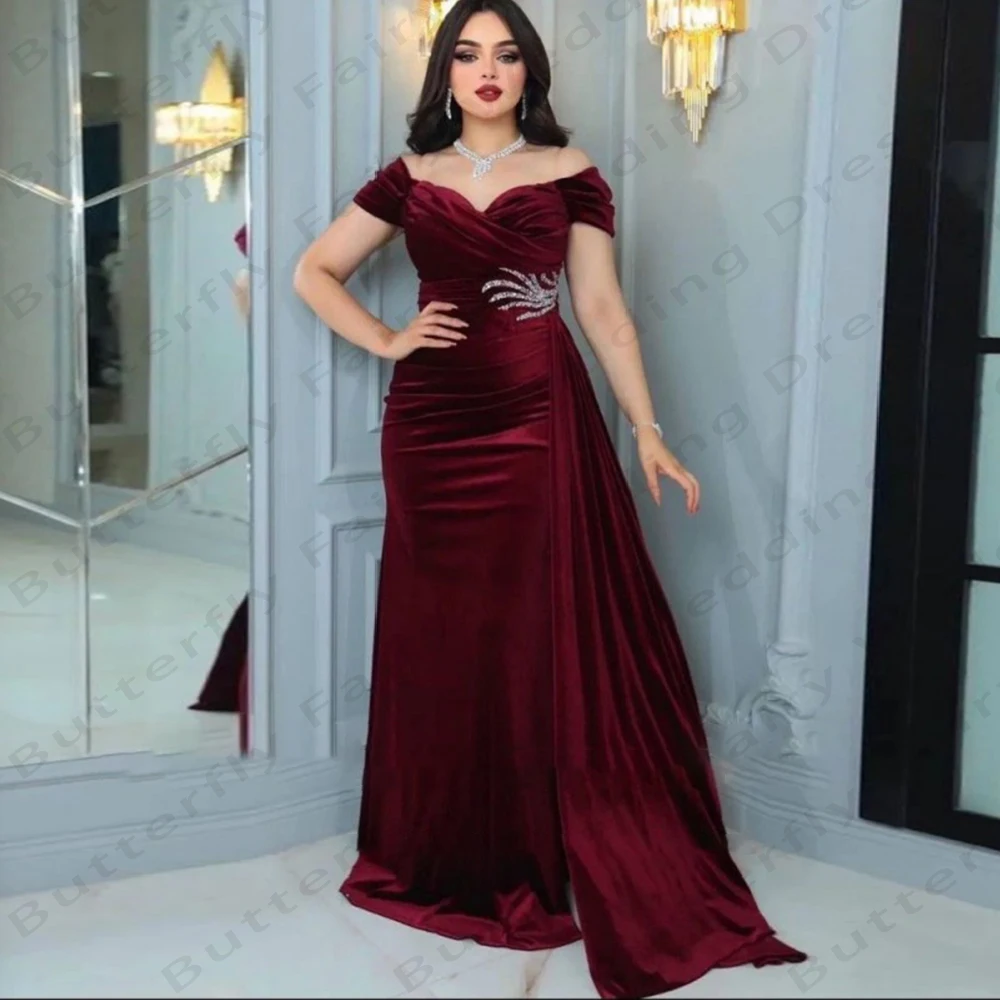 

Burgundy Women's Evening Dresses Sexy Off Shoulder Mermaid Velvet Princess Prom Gowns Formal Beach Party Fashionable Celebrity