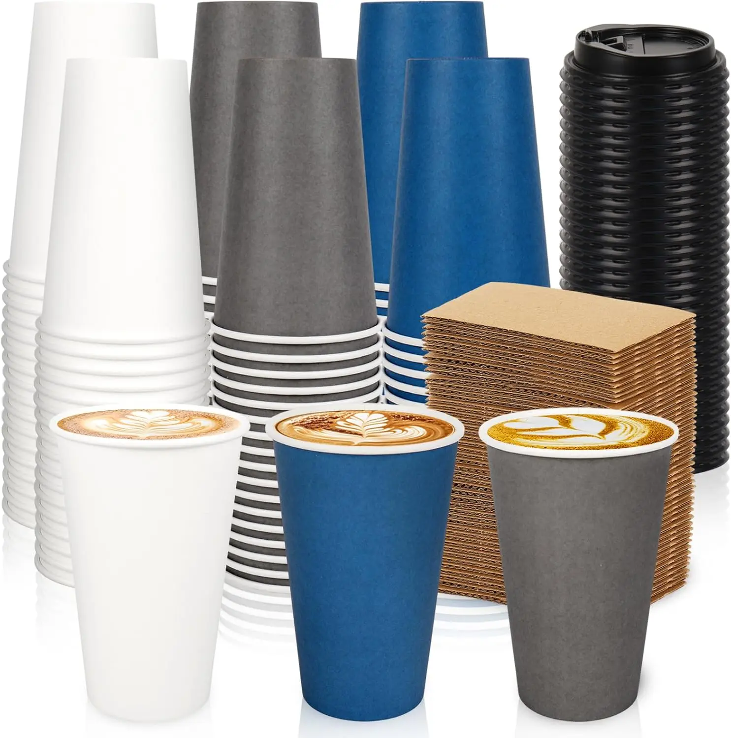 

90 Pack 16 oz Disposable Paper Coffee Cups with Lids Sleeves Navy Blue Gray White Drinking Cup 3 Colors Paper Cup for Bi