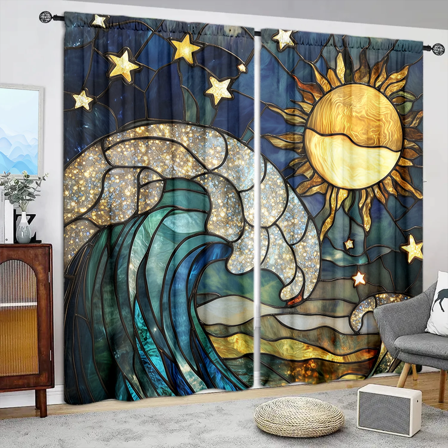 

2pcs Colored Wave Glass Printed Curtain for Home Decor - Rod Pocket Window Treatment for Bedroom, Office, Kitchen, Living Room,