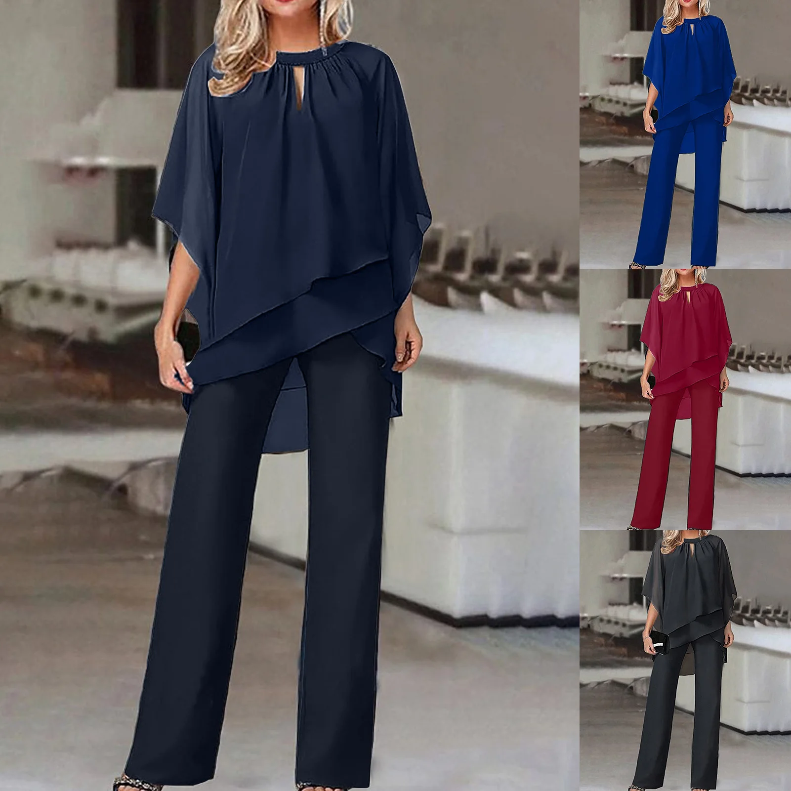 Women Asymmetrical Hem Top Pant Suit Fashionable Solid Color Pullover Top Trouser Jumpsuits Soft Loose Fit Ladies Casual Wear