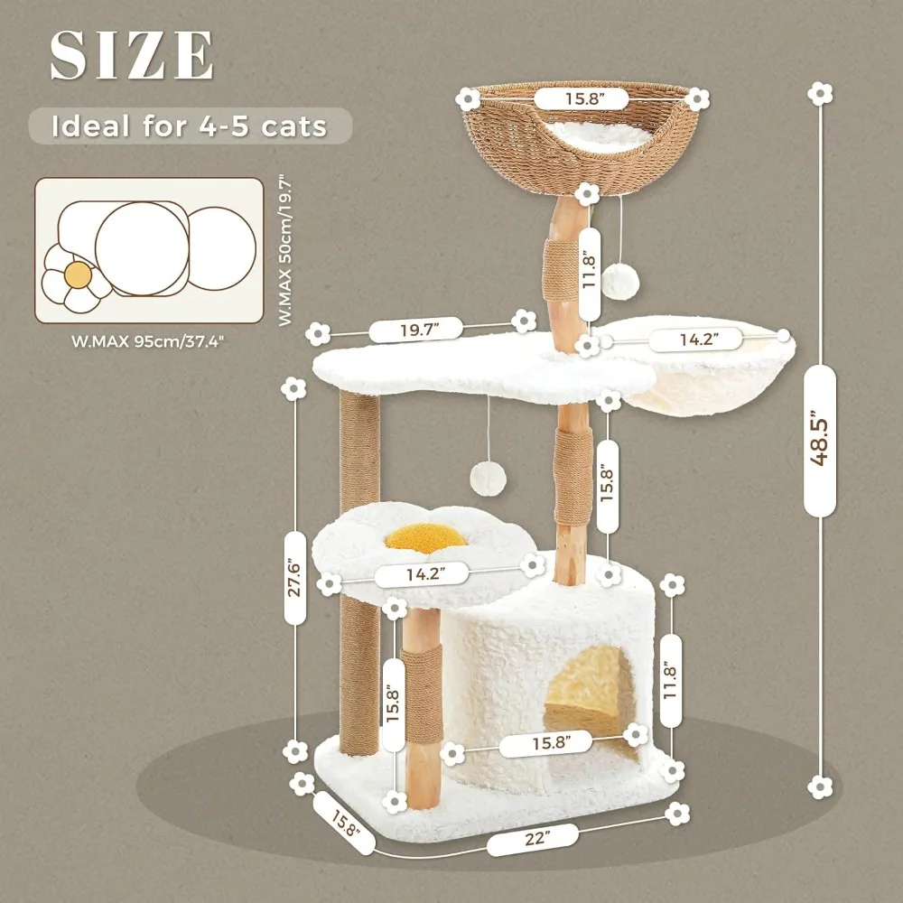 

49 Modern Cat Tree Tower for Large Cats with Flower Perch, Natural Solid Wood Cat Scratching Posts, Boho Ratten Cat Tree.